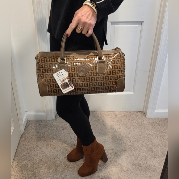 Fendi 1990s Zucca Coated Canvas Boston Bag w/textured leather- rare collectable